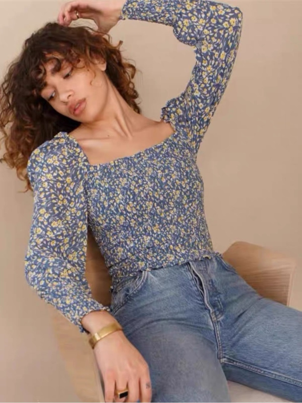 Reformation Floral Smocked Long Sleeve Top | Size S | Blue & Yellow Floral